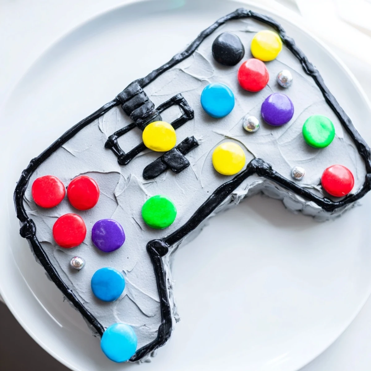 Vivid image of a creative Pixel Perfect Video Game Controller Board cake with black licorice cable and candy buttons.