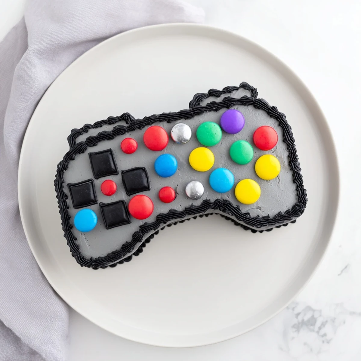 This Pixel Perfect Video Game Controller Board cake shows a delicious, sweet dessert with vibrant colors and joyful design.