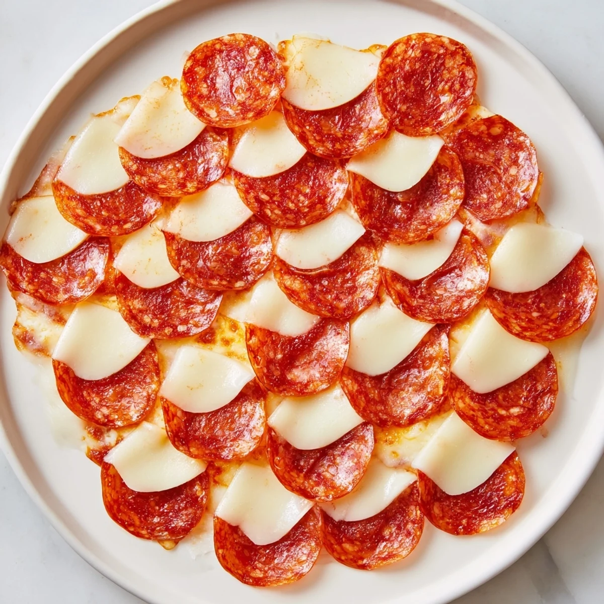 The Dragon Scale appetizer showcases overlapping pepperoni and melty cheese for a delicious snack.