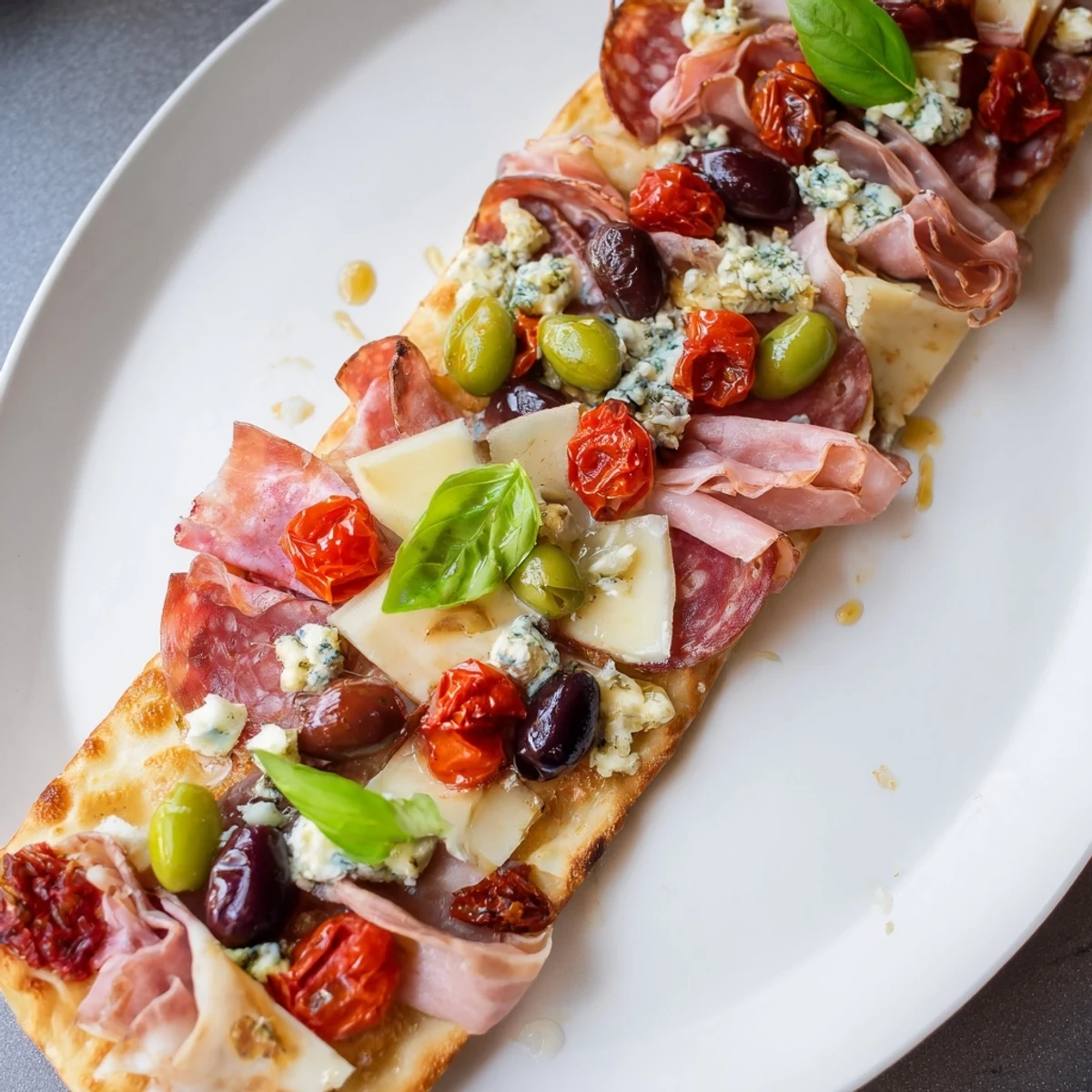 Savory The Rustic Raft appetizer with salami, prosciutto, and warm brie, perfect for sharing.