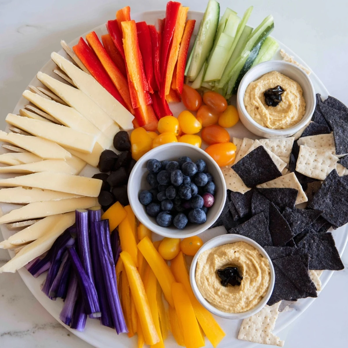Zig-Zag Lightning Strike appetizer platter with vibrant veggies, cheeses, and dips, ready to serve.