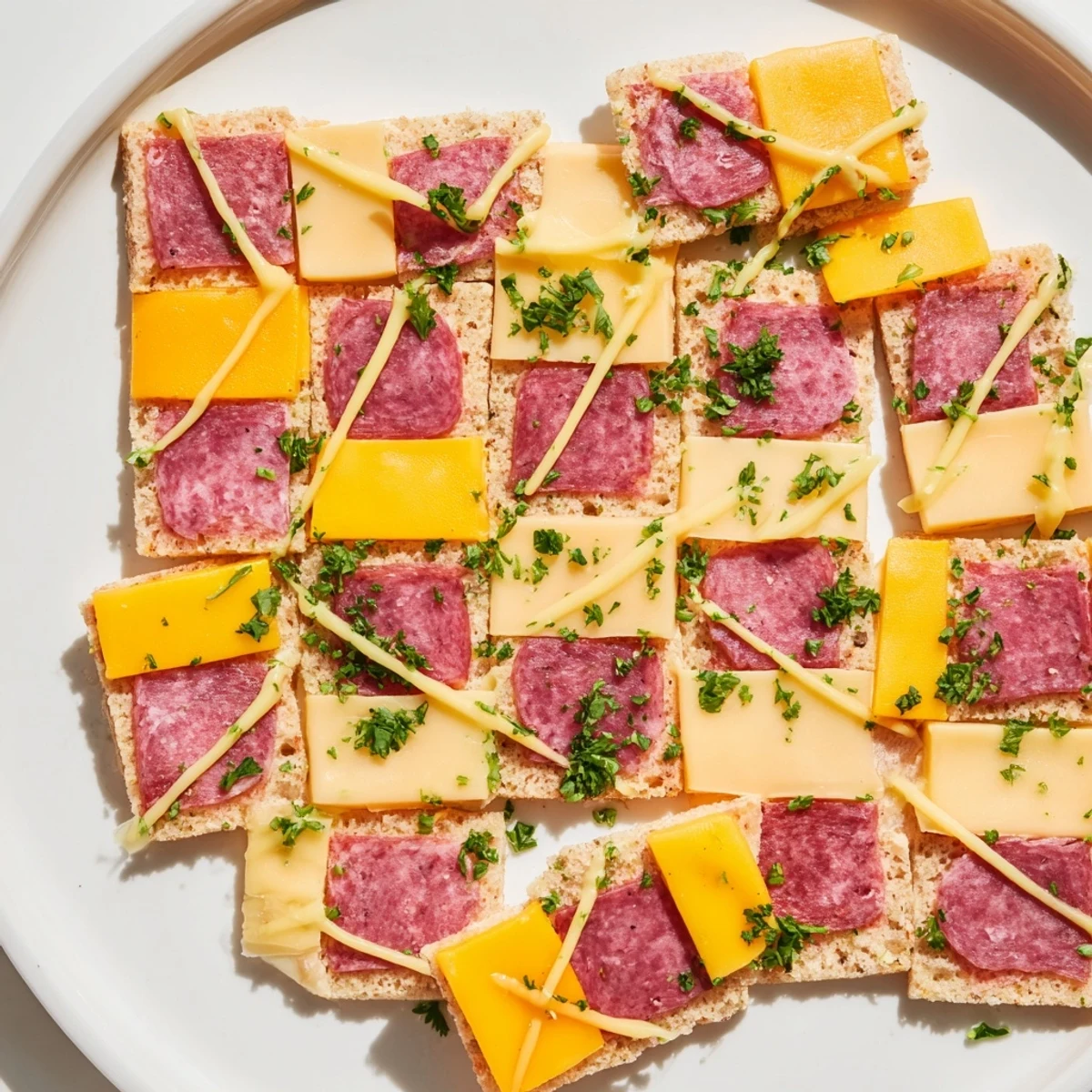 Delectable "Patchwork Quilt" appetizer: a vibrant spread of meats and cheeses, drizzled with mustard.