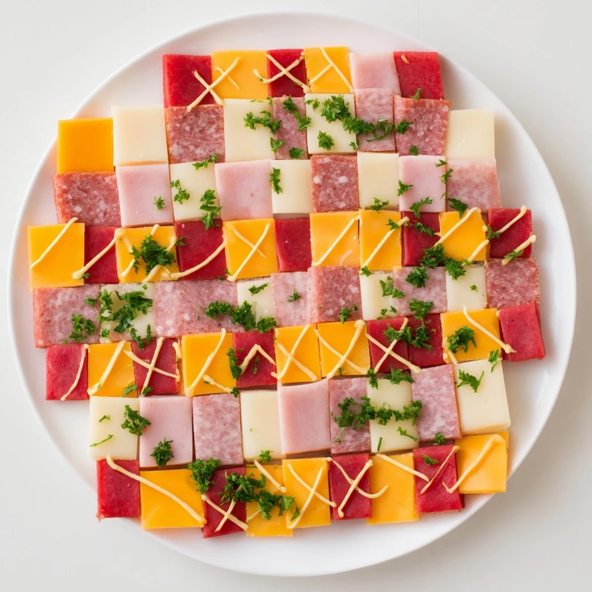 This colorful "Patchwork Quilt" appetizer showcases beautifully arranged meats and cheeses, ready to be enjoyed.