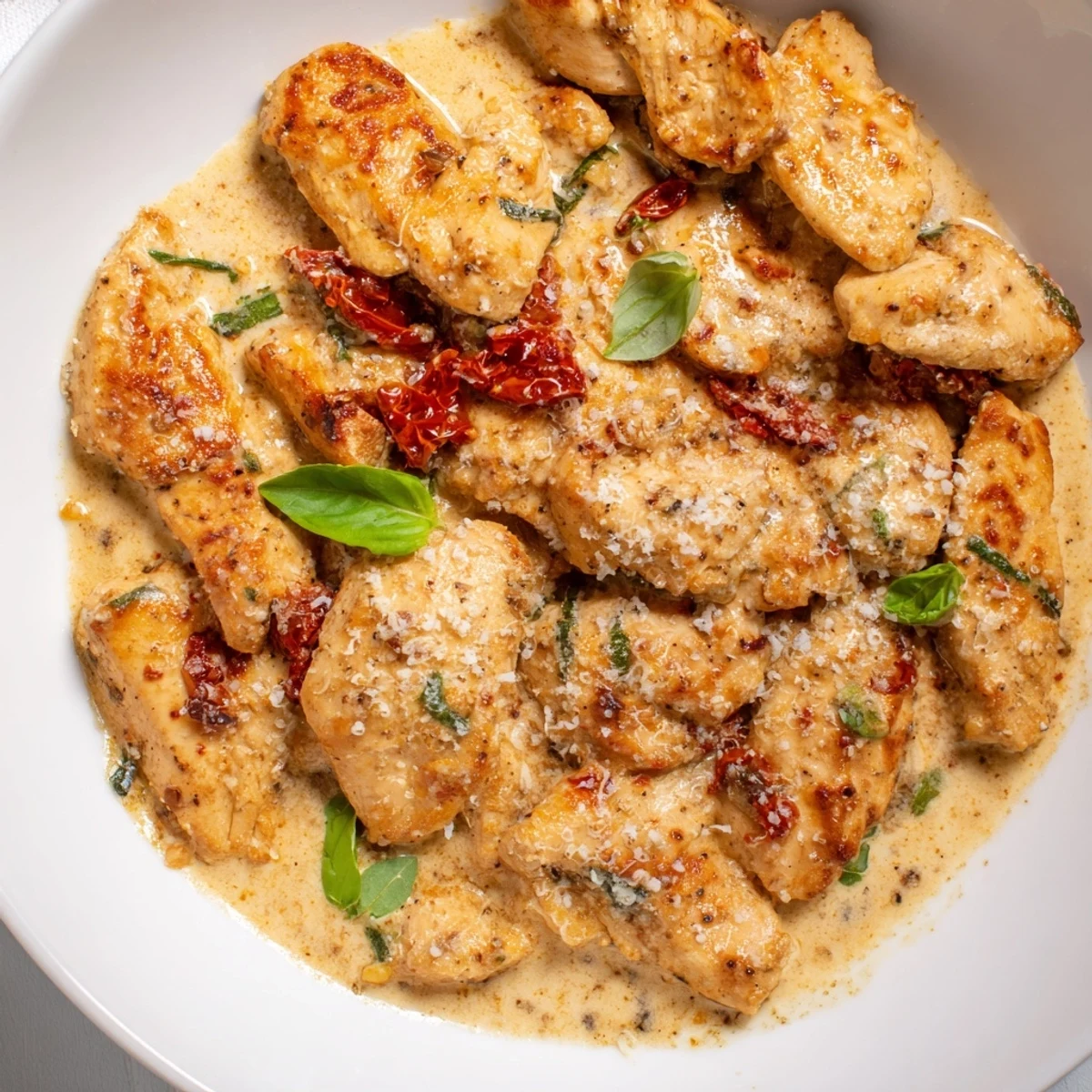 Golden-brown chicken breasts rest nestled in a creamy, tangy Creamy Sun-Dried Tomato Chicken Skillet.