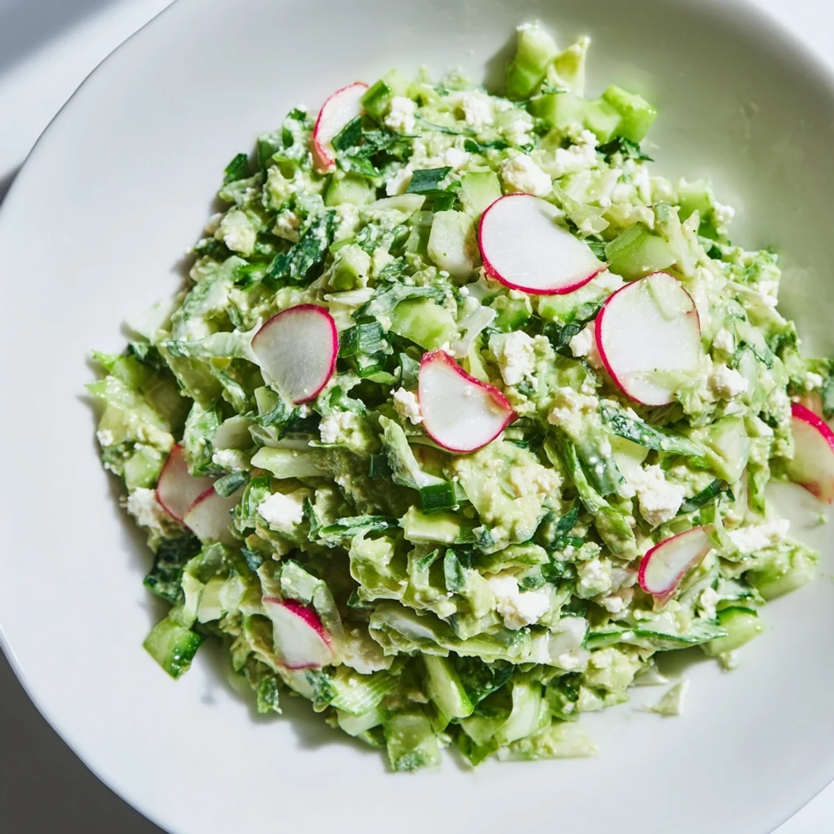 Creamy Green Goddess Cabbage Dip, a refreshing appetizer, speckled with vibrant green herbs and vegetables.
