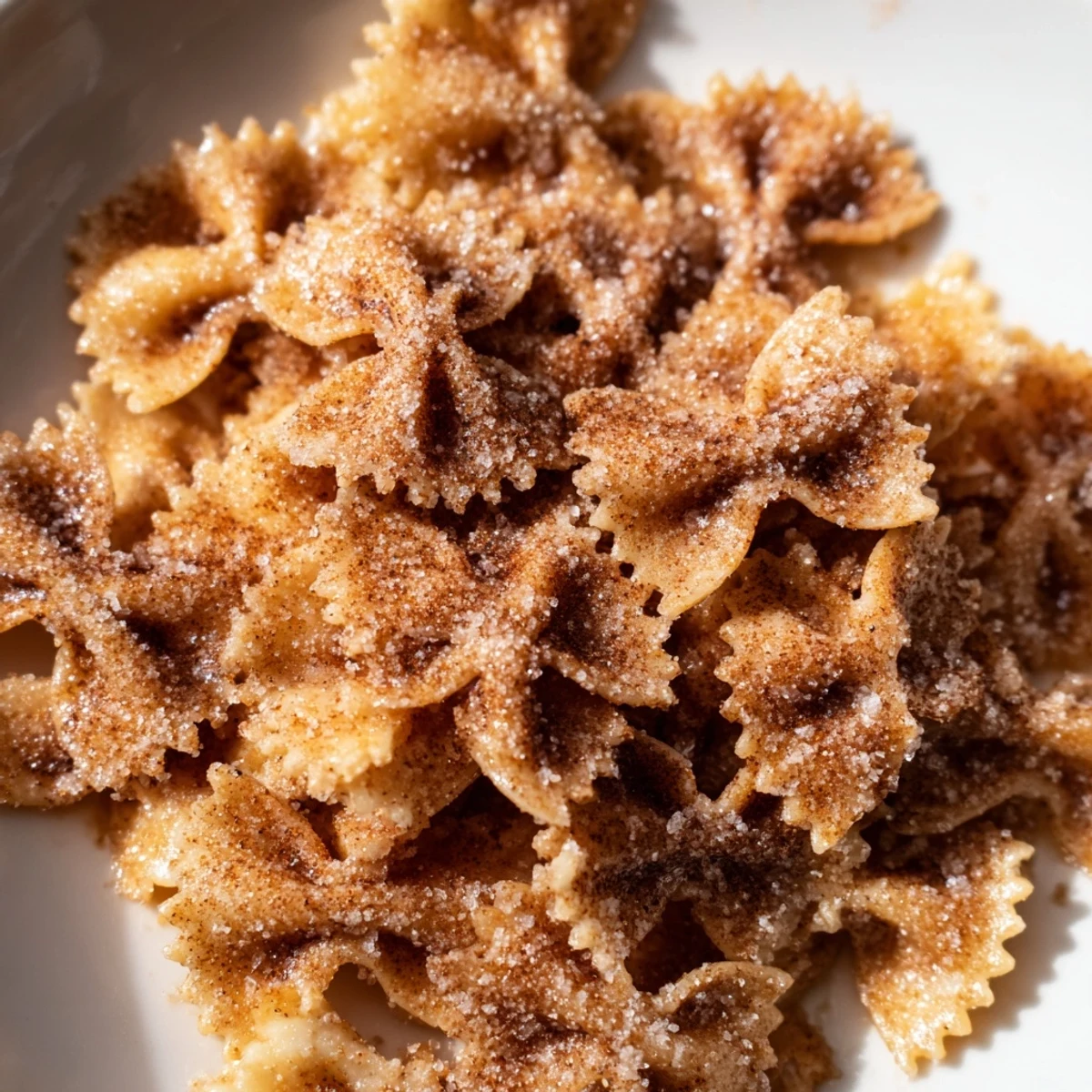 Close-up of cinnamon-coated Air Fryer Pasta Christmas Crack; a delicious snack with bowtie pasta.