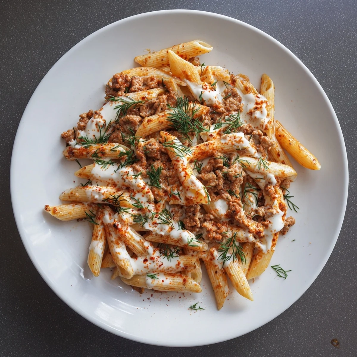 Steaming Turkish Pasta with Ground Turkey, topped with vibrant paprika butter and fresh herbs.