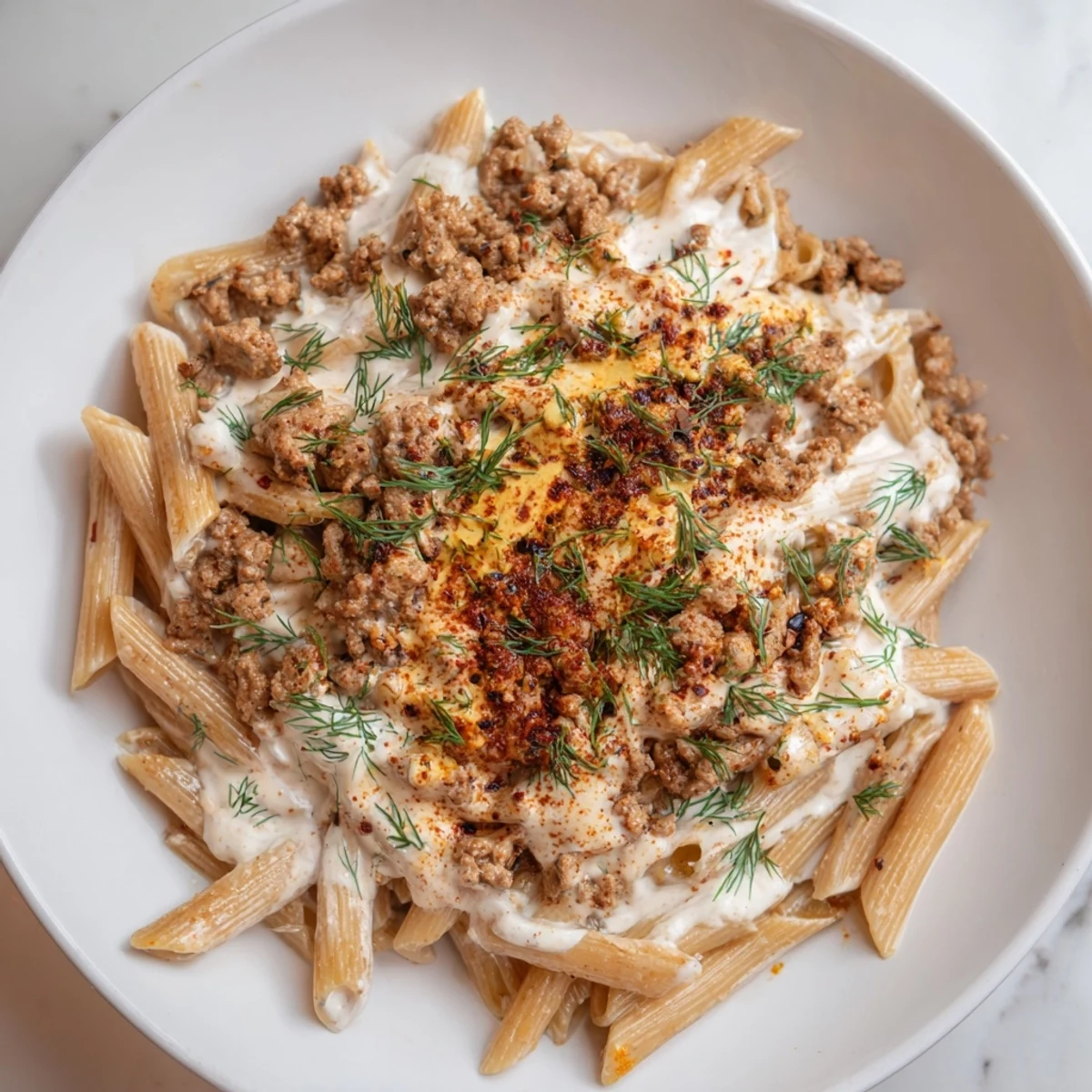 Vivid image of delicious Turkish Pasta with Ground Turkey, creamy yogurt sauce, and a buttery drizzle.