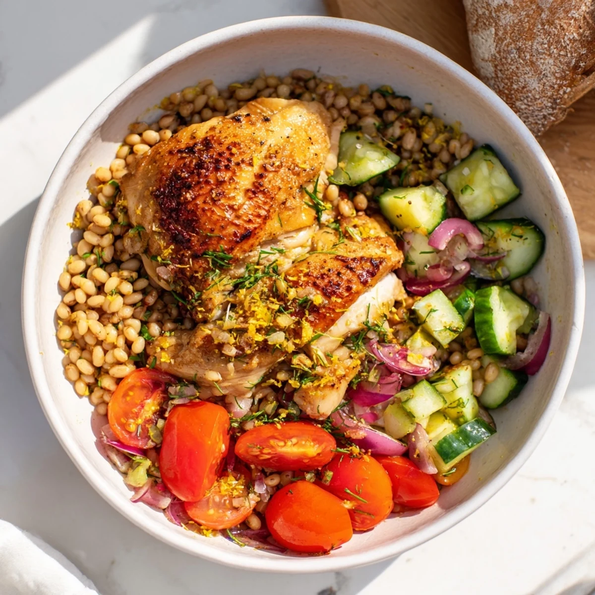 Imagine a bowl of Dense Bean Salad with Lemon-Dill Chicken, tossed with a zesty lemon dressing, ready to enjoy.