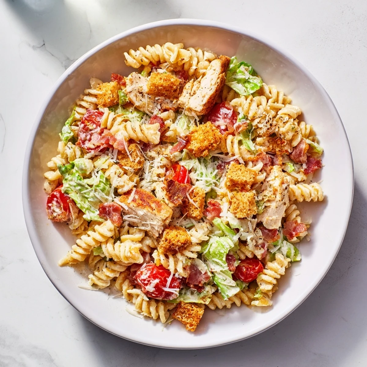 A close-up shot of creamy Chicken Caesar Pasta Salad topped with fresh Parmesan and croutons.