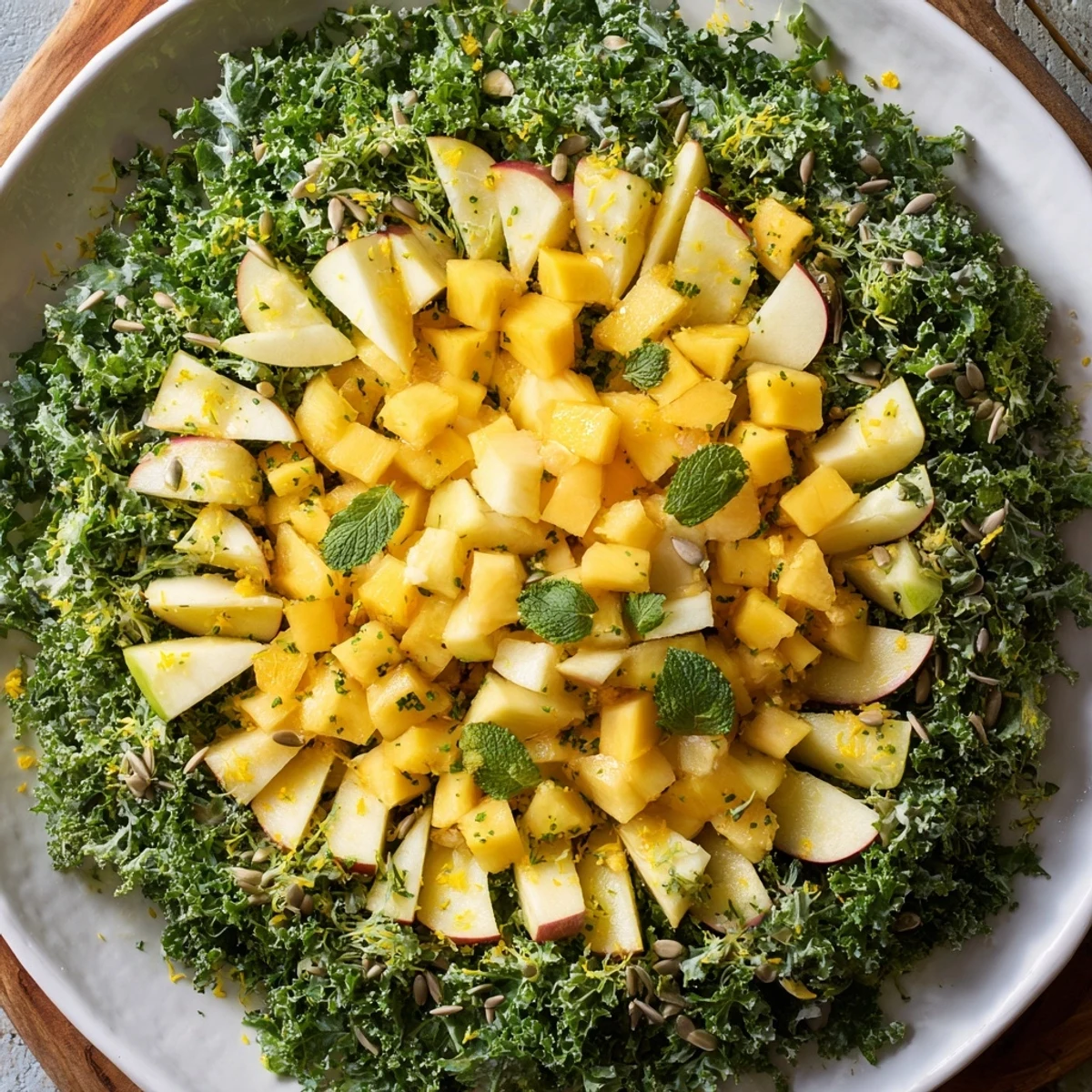 Vibrant Sunlit Glade salad showcasing diced golden fruits surrounded by lush green herbs, a healthy meal.