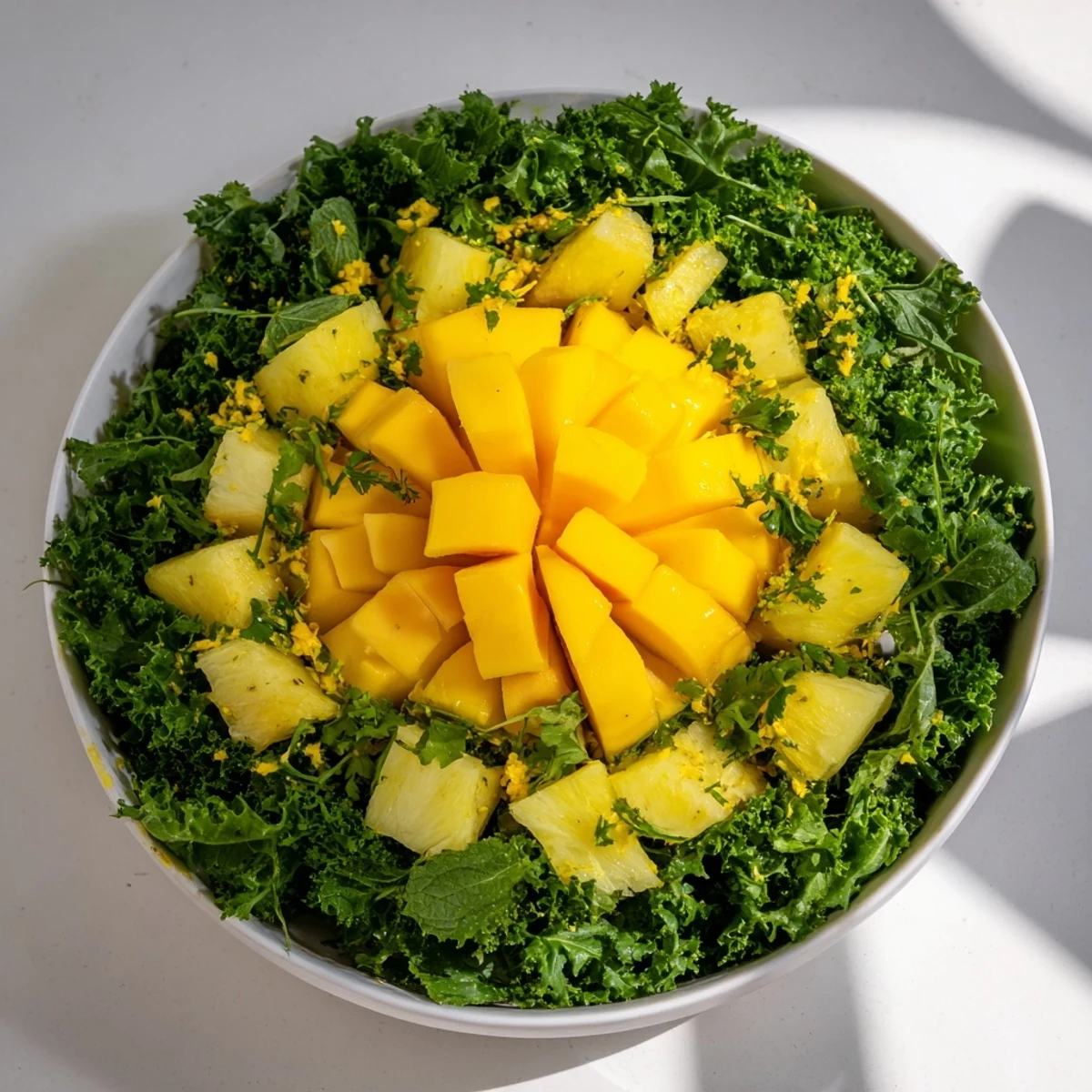A beautiful serving of Sunlit Glade salad with ripe mango and pineapple, ready to be enjoyed.