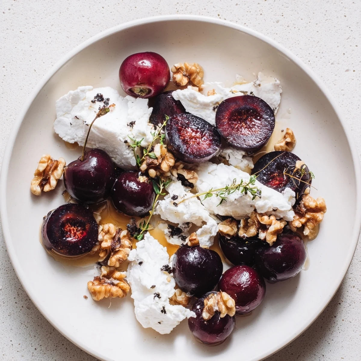 Midnight Orchard fruit platter: a vibrant array of dark cherries, plums, and goat cheese, ideal for appetizers.