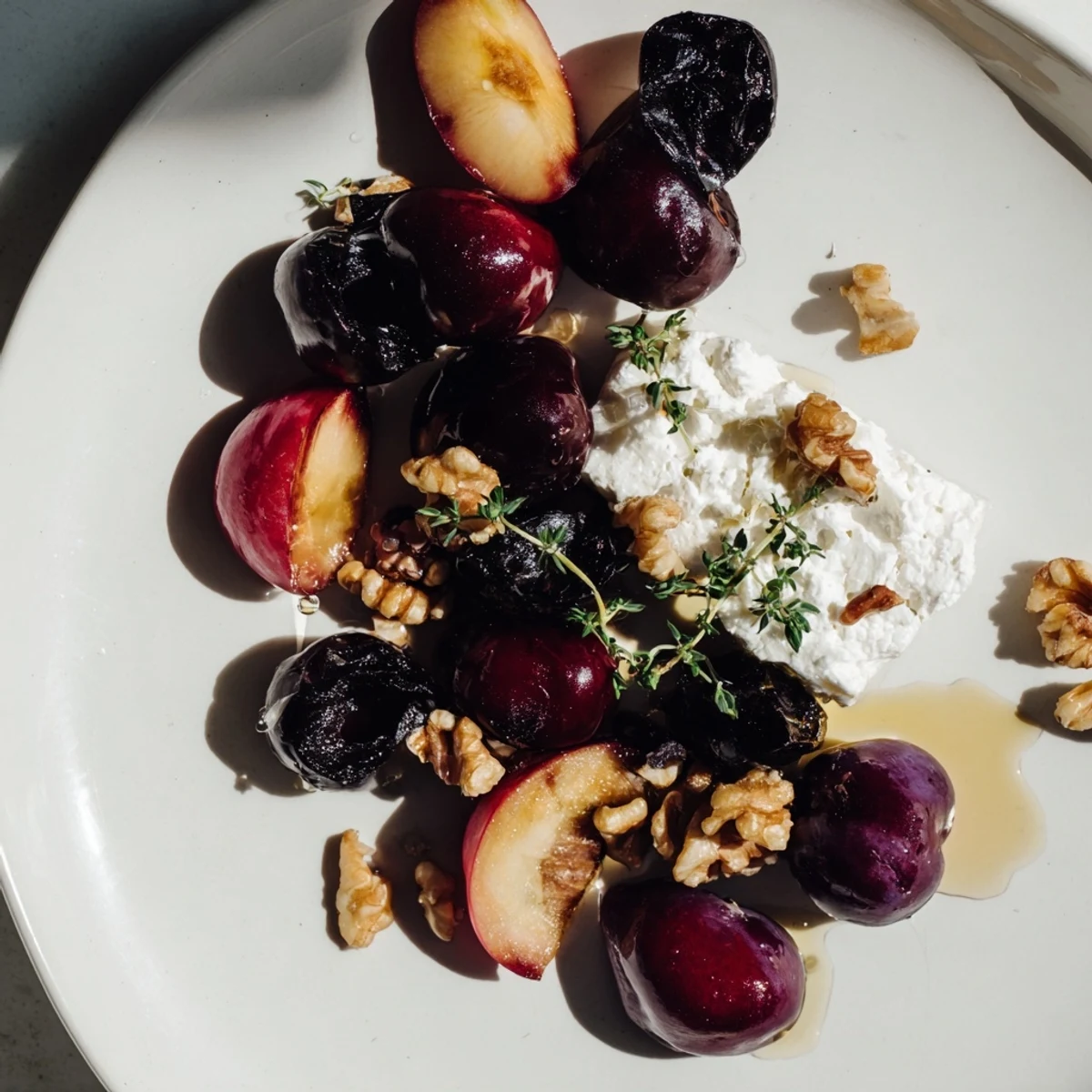 Elegant Midnight Orchard fruit and cheese board features purple grapes, creamy goat cheese, perfect for a dinner party.