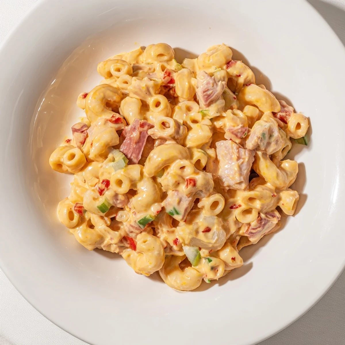Creamy Chicken Macaroni Holiday Salad, chilled and ready to serve at a sunny barbecue.