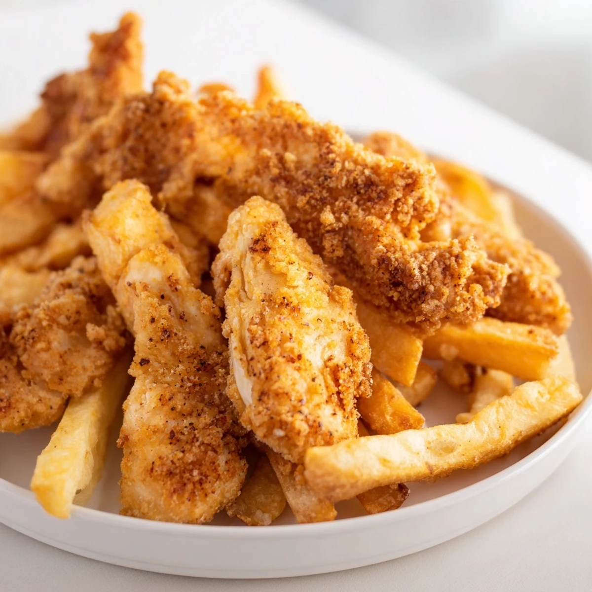 A close-up of crunchy onion chip chicken tenders, showing the satisfying crisp of the breading.