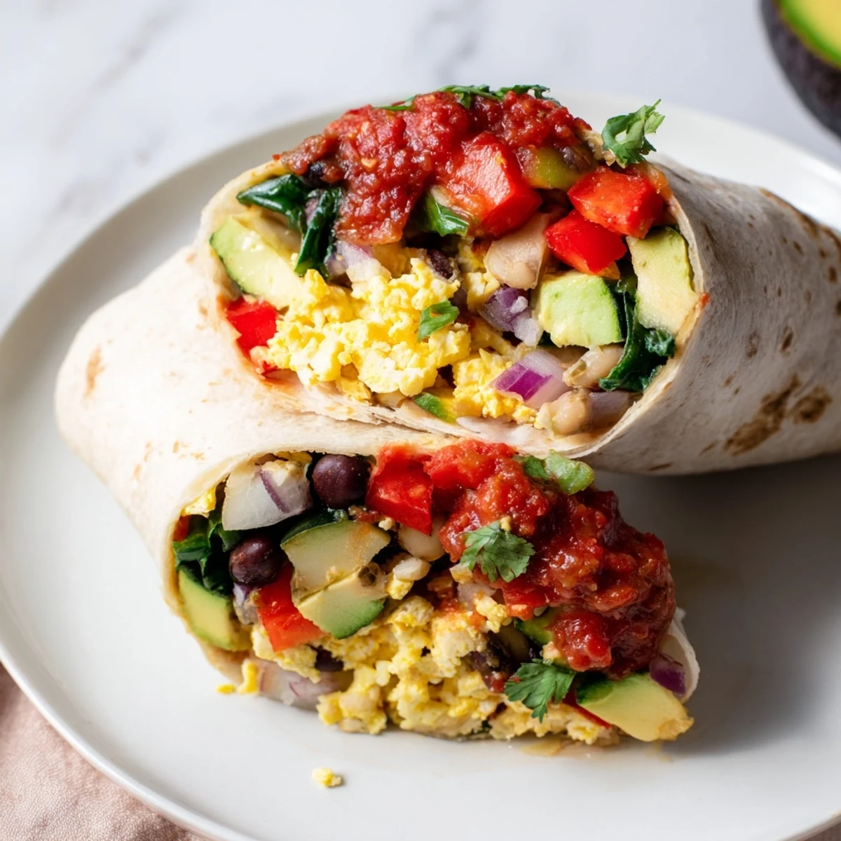 Vibrant Veggie-Loaded Breakfast Burrito, showcasing a delicious filling of eggs, veggies, and cheese for your morning.