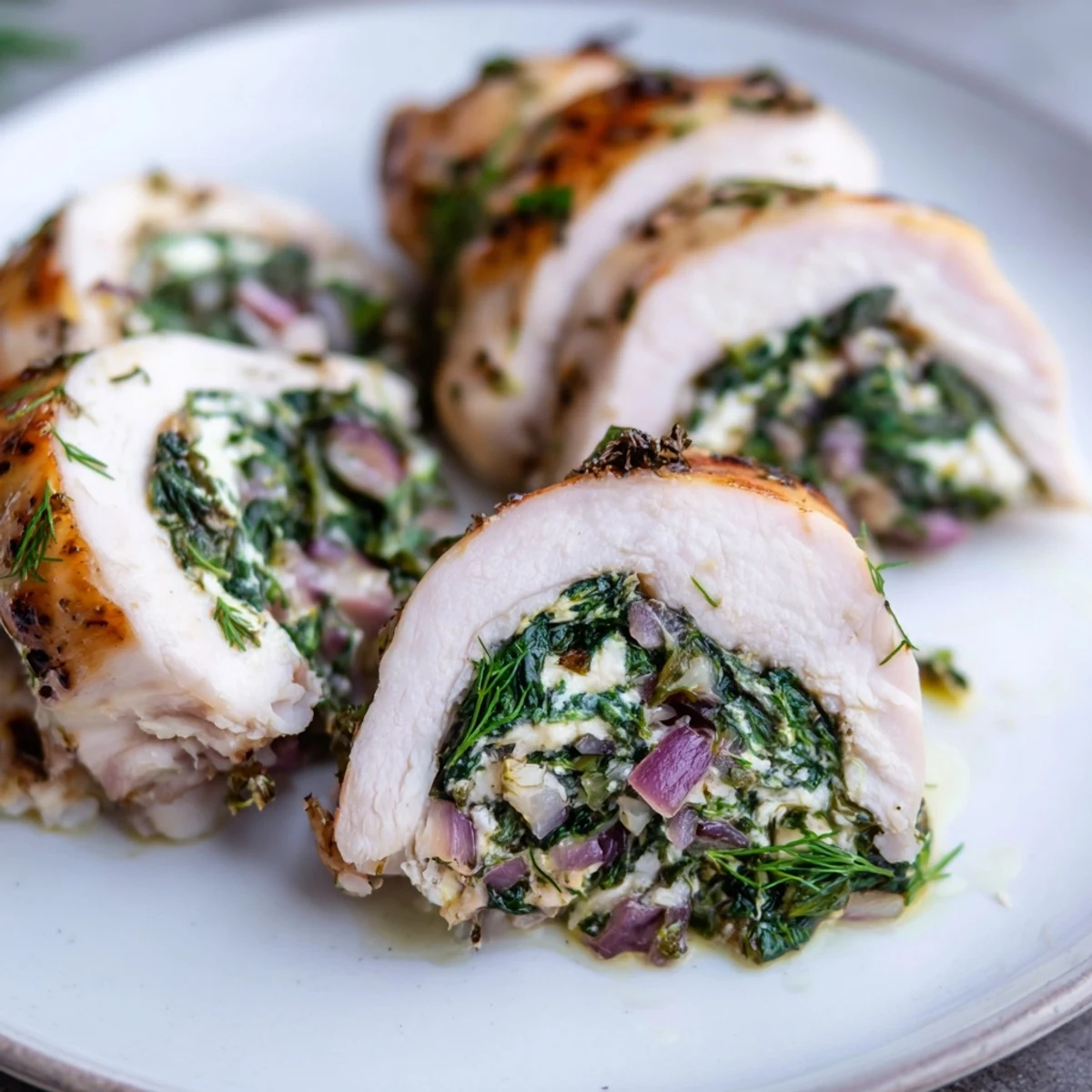 Spinach Feta Stuffed Chicken, golden brown from the oven, ready to serve with lemon.
