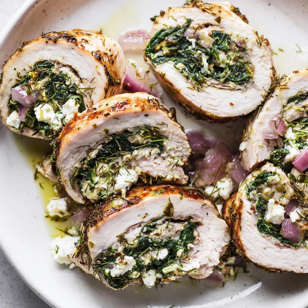 A close-up of Spinach Feta Stuffed Chicken, showing a cross-section of spinach and feta filling.