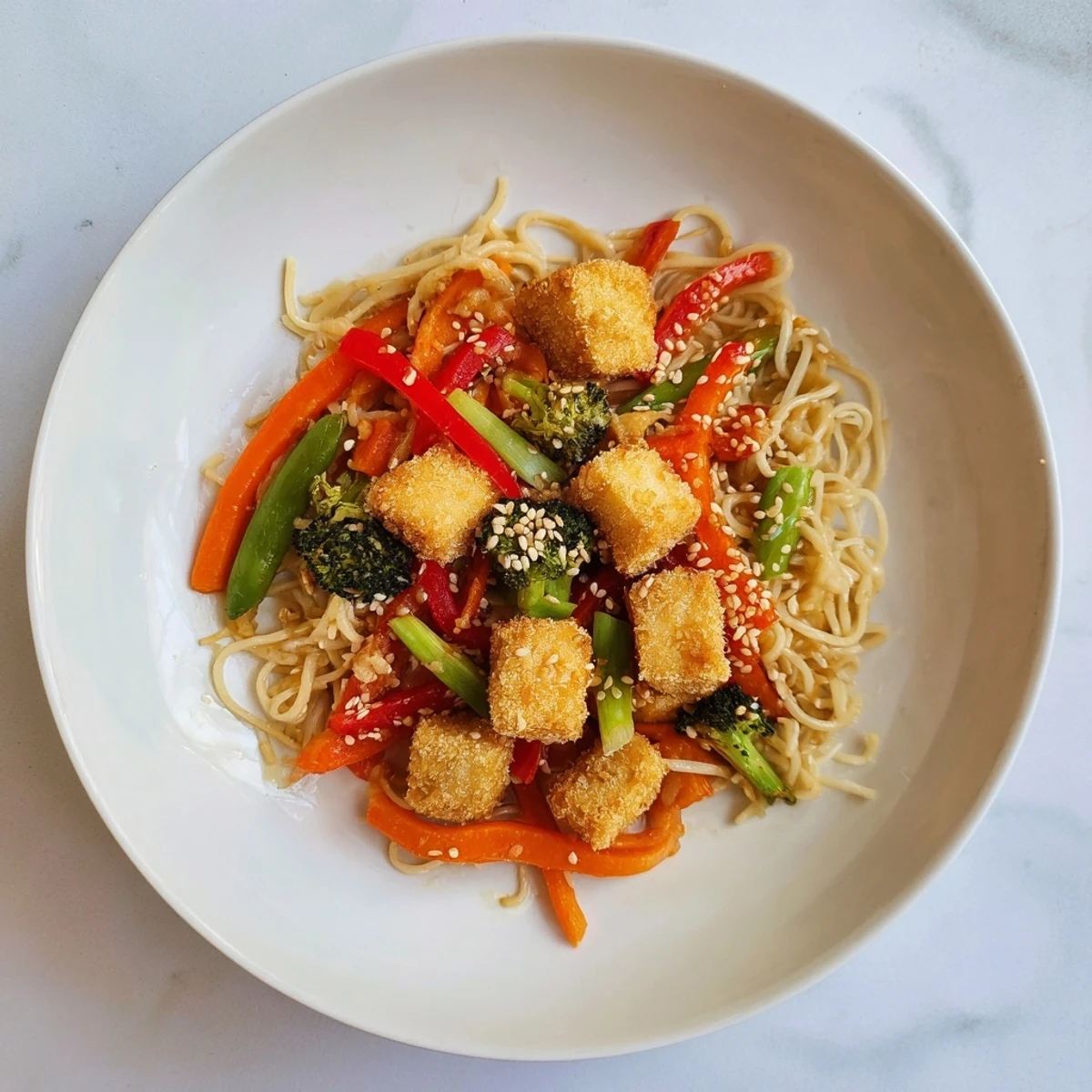Crispy Sesame Ginger Tofu Stir-Fry with colorful vegetables and savory sauce, ready to serve.