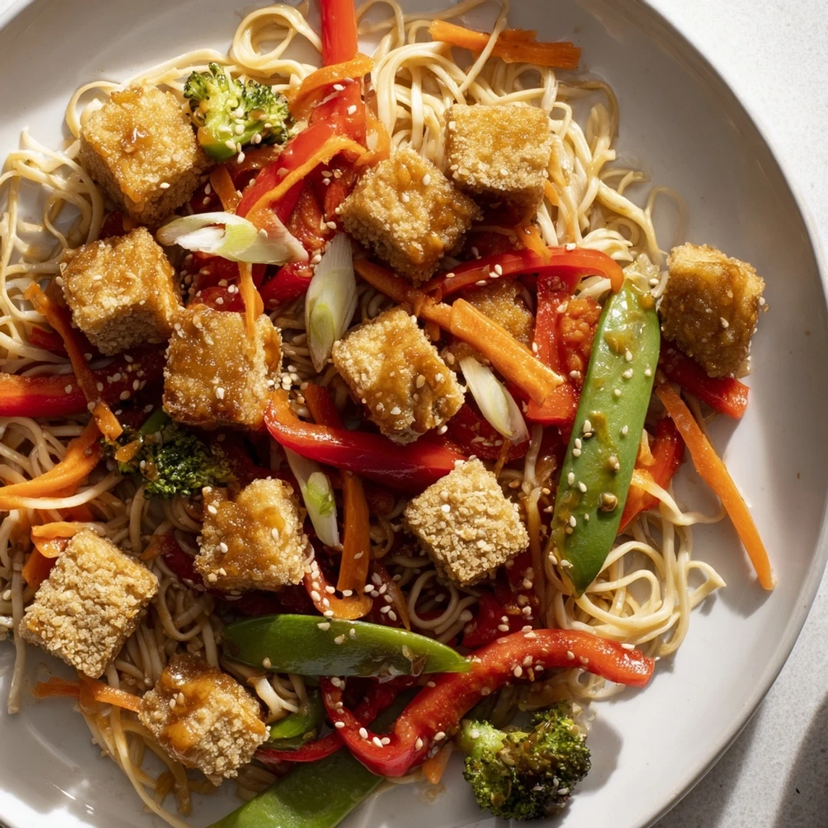 A steaming bowl of Sesame Ginger Tofu Stir-Fry features perfectly cooked tofu and noodles.
