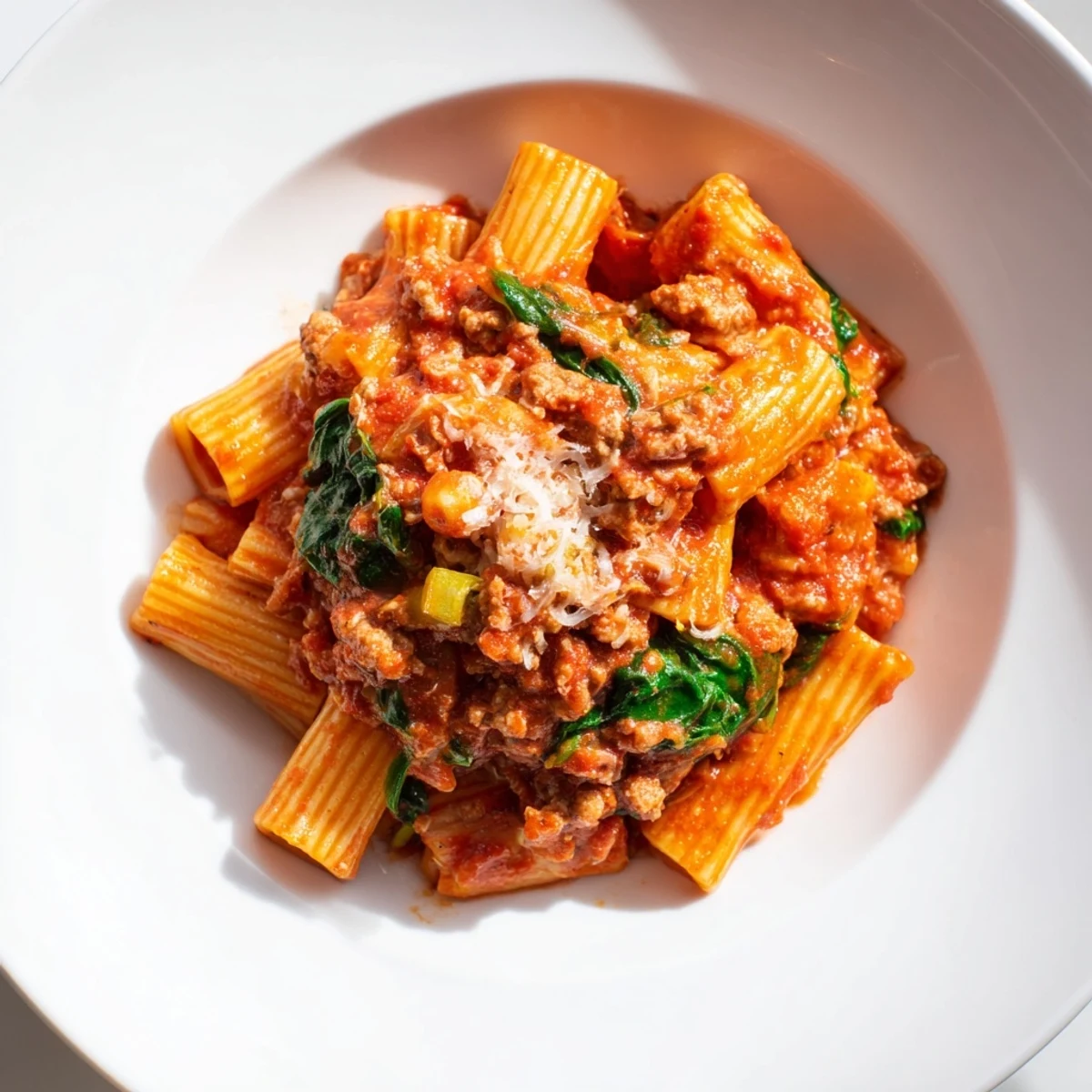 One-Pot Italian Sausage Tomato Pasta steaming in a rustic pot, ready to serve with Parmesan.