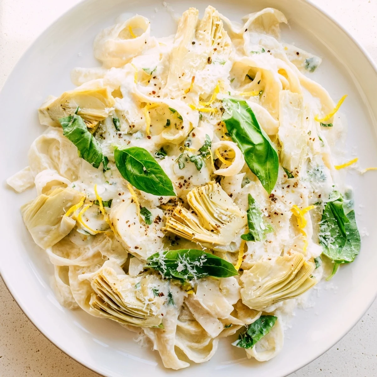 Creamy Lemon Artichoke Pasta bathed in a rich, velvety sauce with tender artichokes and fresh lemon.