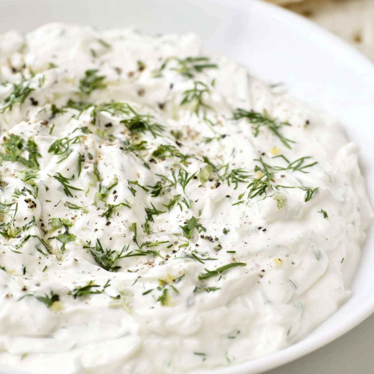 A close-up of a creamy Greek Yogurt Ranch Dip, perfect for dipping fresh vegetables.