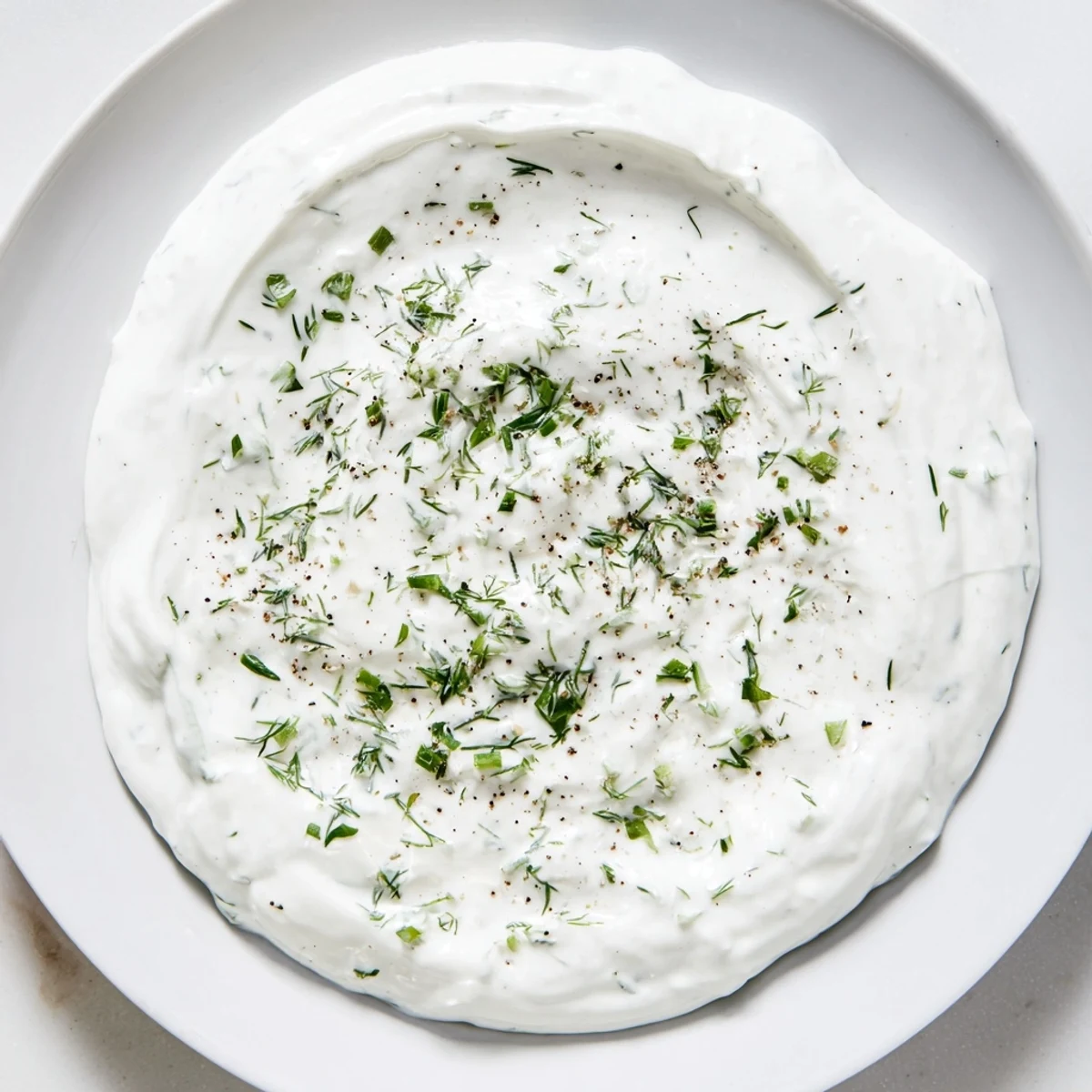 This homemade Greek Yogurt Ranch Dip, speckled with herbs, looks inviting on a serving plate.