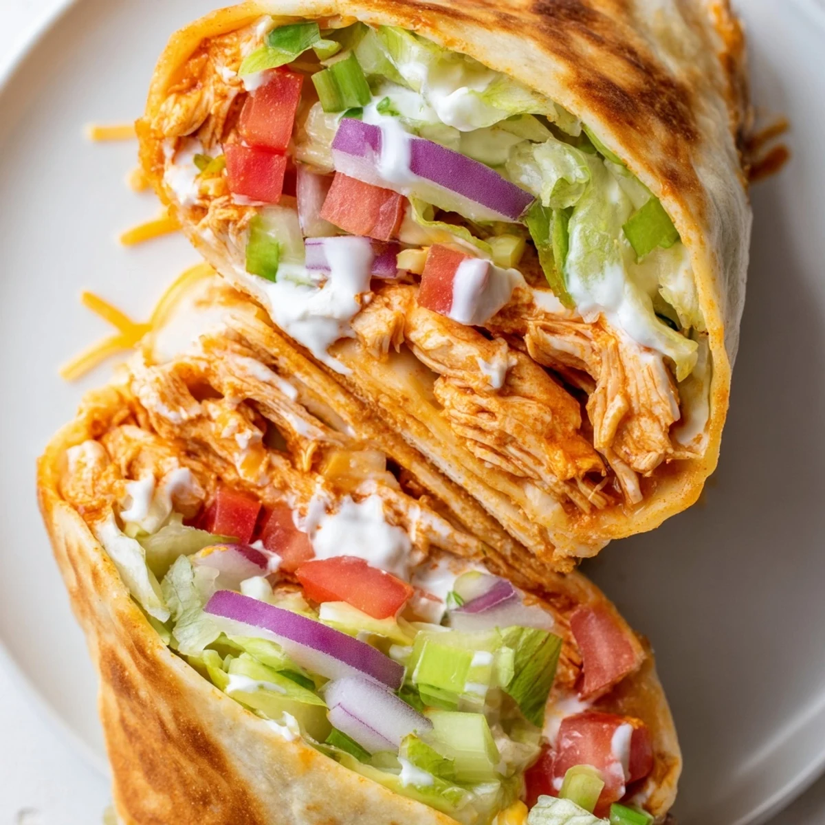 Golden, folded Buffalo Chicken Wrap, layered with creamy ranch and melty cheese for a flavorful lunch.