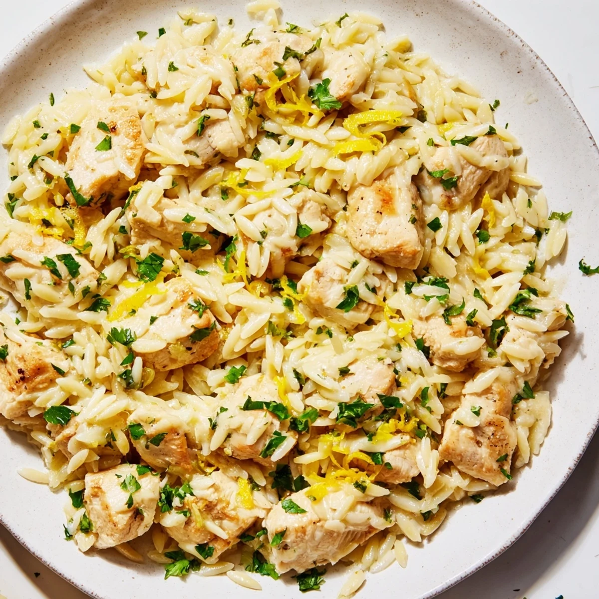 Creamy Lemon Chicken Orzo with tender chicken and bright lemon flavor, ready for a comforting dinner.