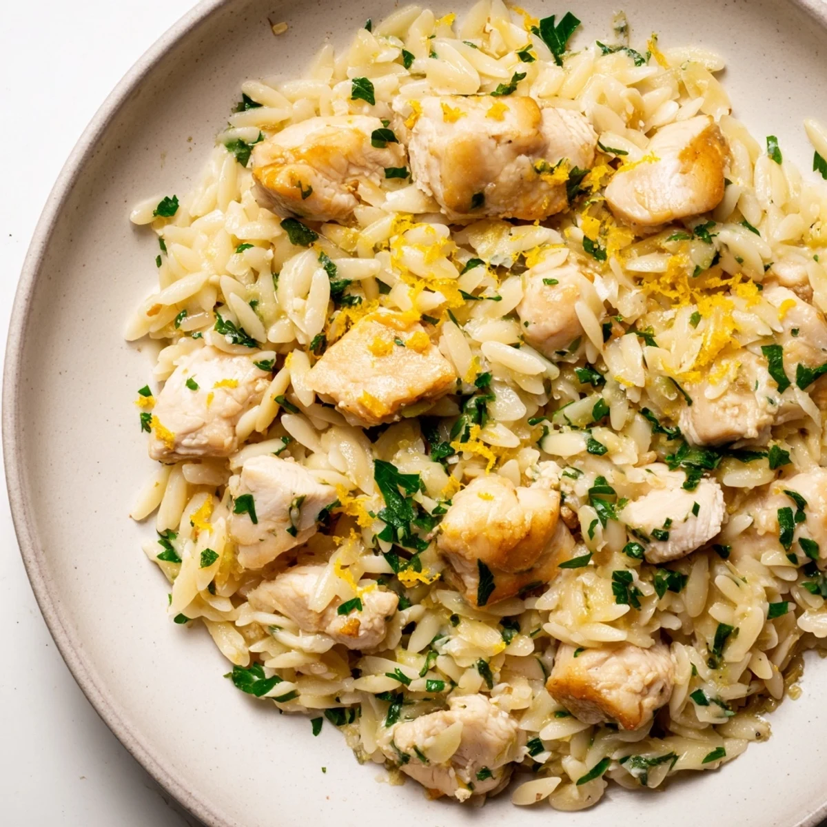 Sizzling Creamy Lemon Chicken Orzo served in a bowl, showing saucy orzo and flavorful chicken pieces.