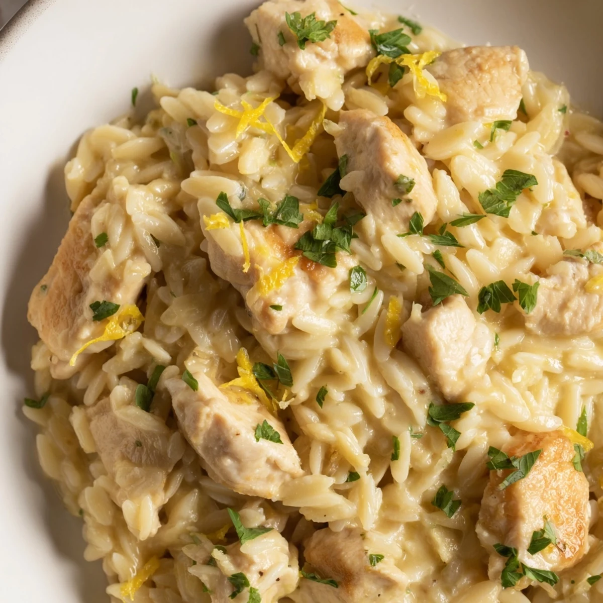 Close-up of a creamy sauce-covered Creamy Lemon Chicken Orzo dish, garnished with fresh parsley and lemon.