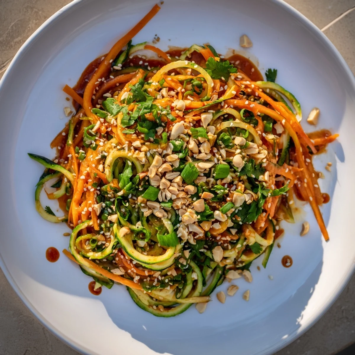 This Spicy Cucumber Noodle Bowl features crunchy cucumber noodles coated in a zesty, flavorful sauce.