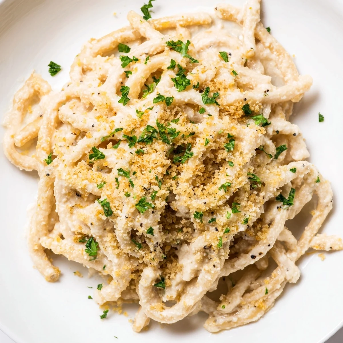 Golden, bubbly baked High-Protein Mac & Cheese, sprinkled with parsley, ready to be enjoyed.