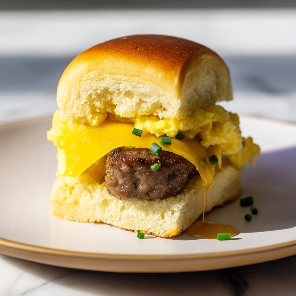 Golden melty cheese drips from a warm Mini Breakfast Slider, a perfect brunch treat.