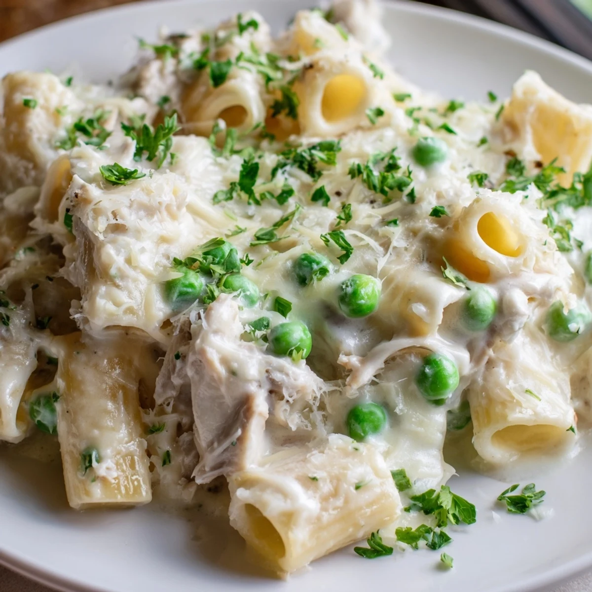 Steaming hot slow cooker chicken Alfredo pasta bake, rich with cheese and tender chicken pieces.