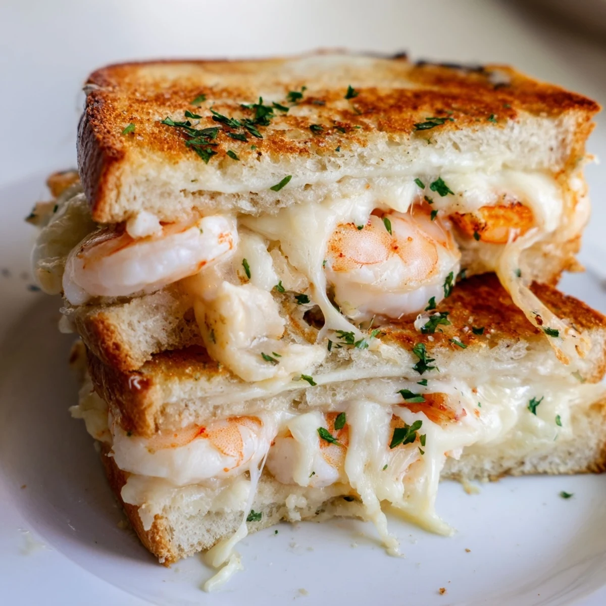 Golden, crispy sourdough surrounds a cheesy, shrimp-filled interior in this Quick Shrimp Grilled Cheese photo.