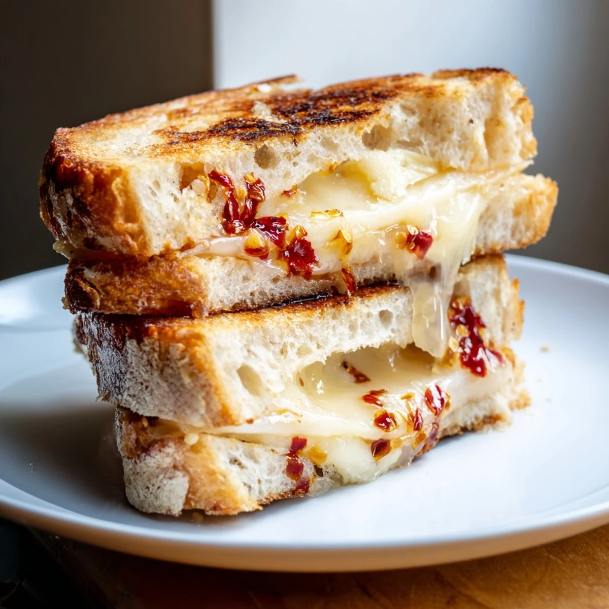 Golden, melty Brie and Chili Crisp Grilled Cheese, a gourmet vegetarian lunch, ready to enjoy.