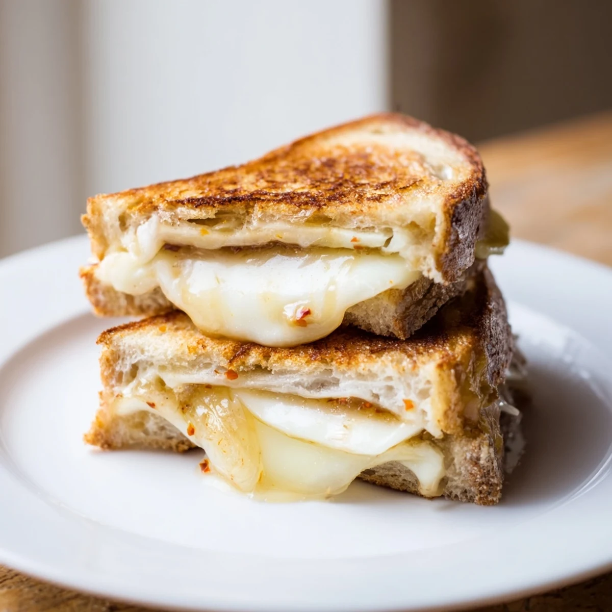Buttery sourdough enveloping melted brie, infused with spicy chili crisp in this amazing grilled cheese.
