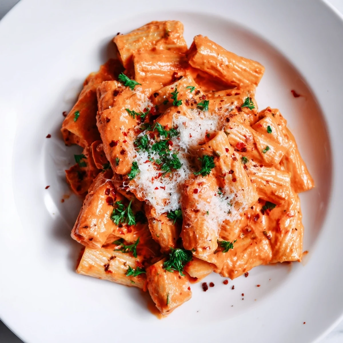 Gigi Hadid-Style Spicy Rigatoni, a vibrant pasta dish coated in creamy, flavorful tomato-vodka sauce, ready to serve.