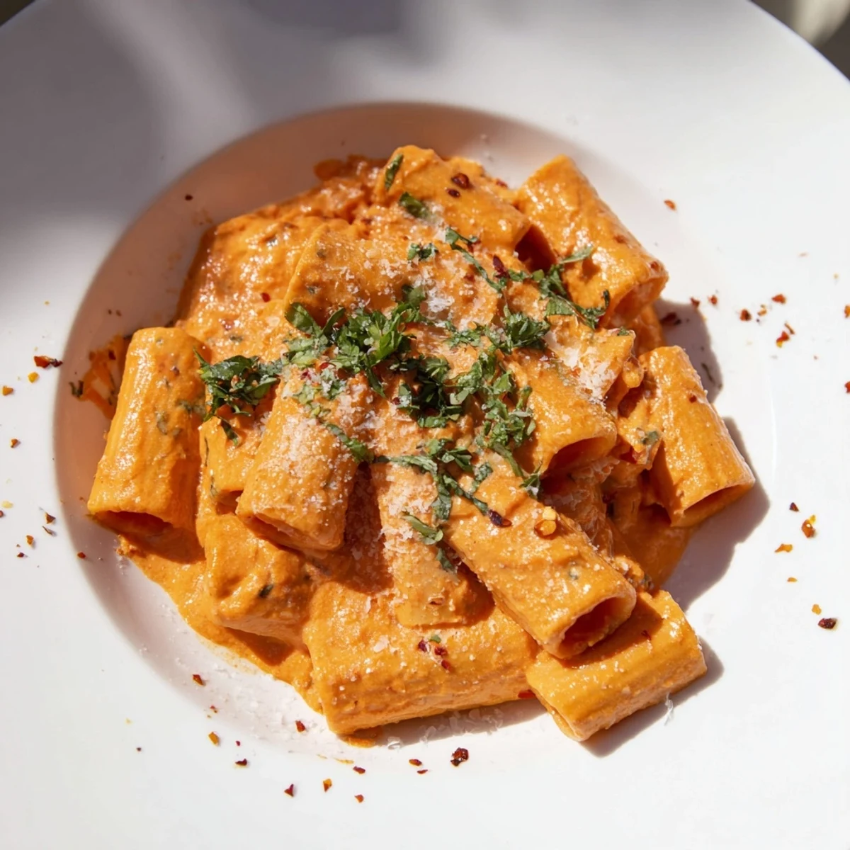 Imagine a comforting bowl of Gigi Hadid-Style Spicy Rigatoni with perfectly cooked pasta and Parmesan.