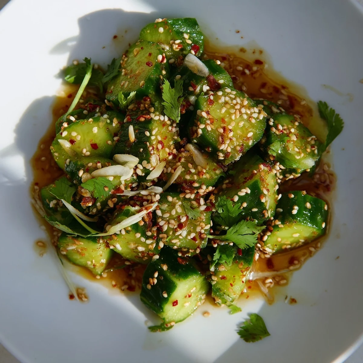 Fresh Chinese Spicy Smashed Cucumber Salad, a vibrant mix of crisp cucumbers and a spicy dressing.