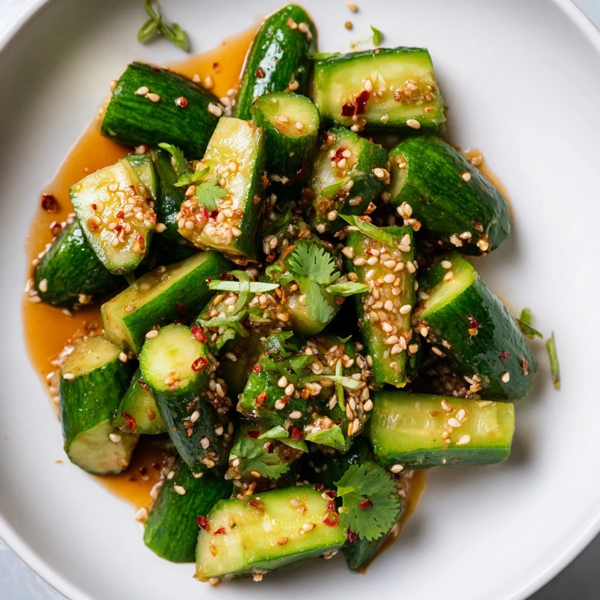 This close-up shows the refreshing Chinese Spicy Smashed Cucumber Salad, ready to be served and enjoyed.
