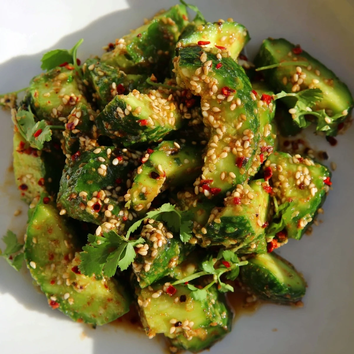 Tantalizing image of Chinese Spicy Smashed Cucumber Salad: crunchy cucumbers tossed in a savory, bold sauce.