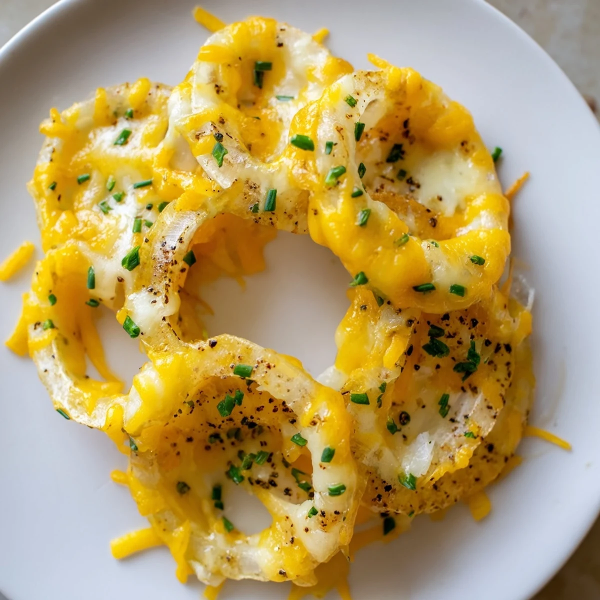 Close-up of air-fried Crispy Onion Cheese Chips, showing crispy texture and savory, cheesy goodness.
