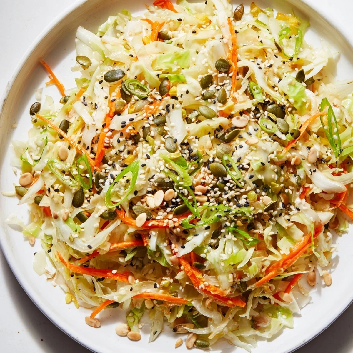 Vibrant Cabbage-Core Slaw Salad, bursting with crunchy vegetables and a nutty sesame dressing.