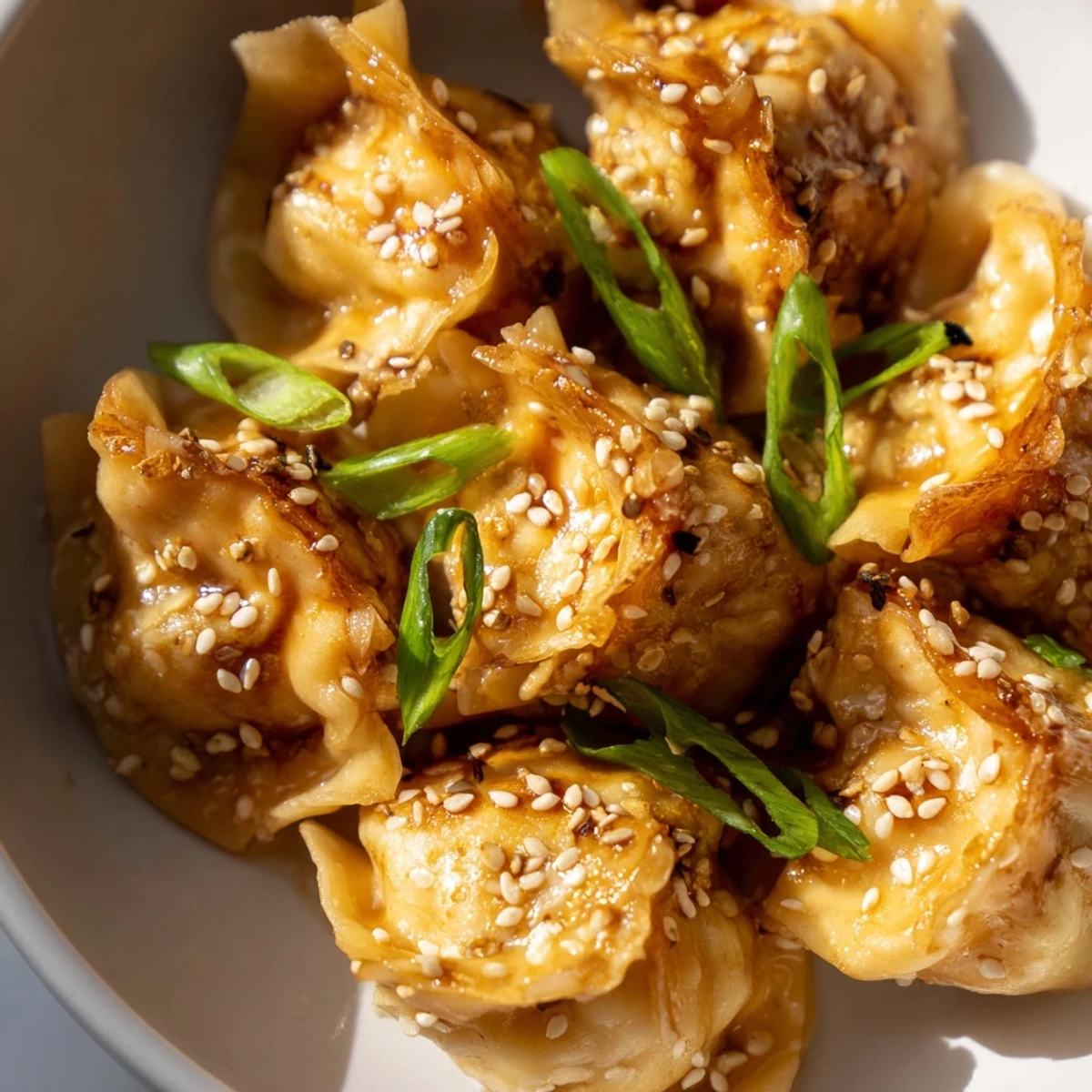 Golden, crispy air fryer frozen dumplings glistening with a savory sesame oil glaze, ready to serve.