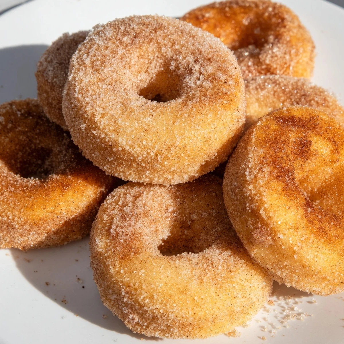 Golden, crispy 1-Minute Air Fryer Donuts, coated in cinnamon sugar, ready to be devoured fresh and warm.