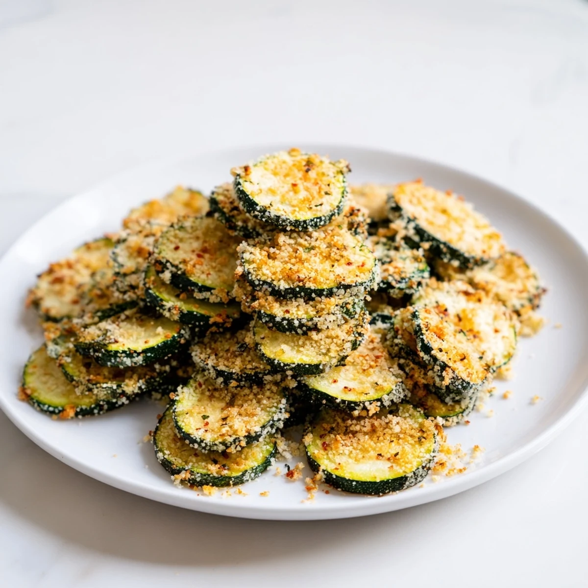 Crispy air-fried zucchini chips, golden brown and ready to grab for a healthy snack.